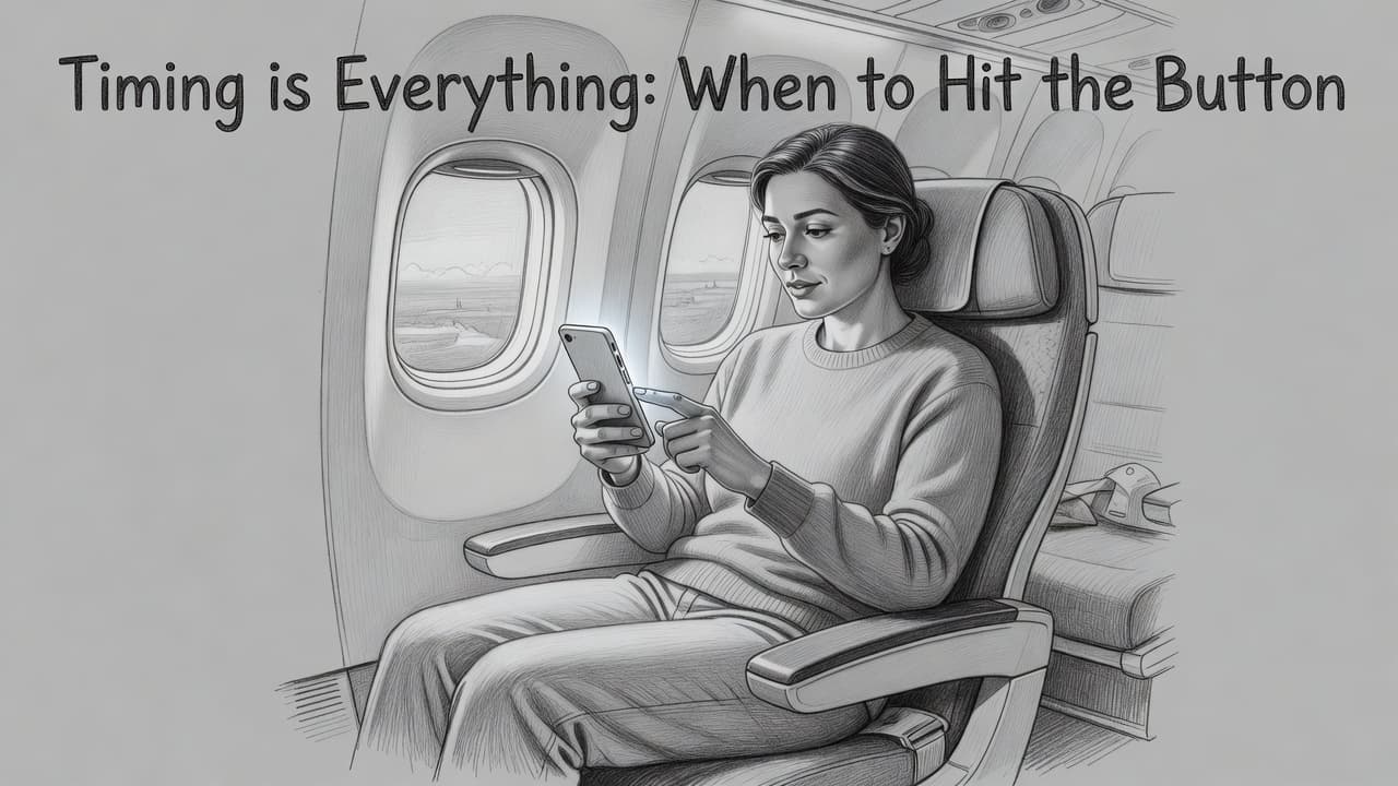 A graphite pencil sketch shows a relaxed passenger sitting in an airplane seat. The person gazes at a smartphone screen while using their thumb to press a button on the device.