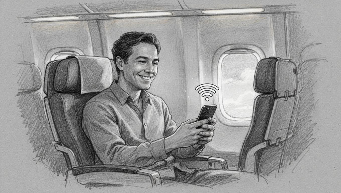 A person sits in an airplane seat, smiling while looking at a smartphone screen. A floating digital Wi-Fi icon is sketched above the device on a textured gray graphite paper background.