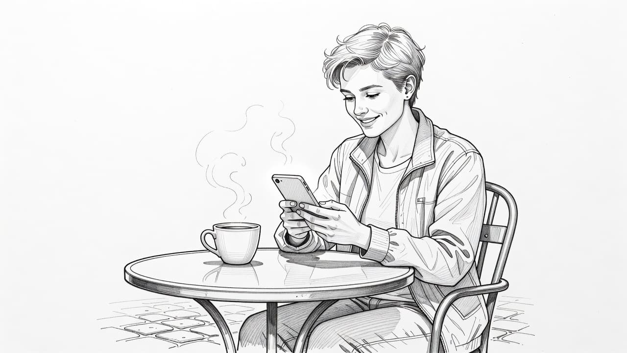 A sketch shows a relaxed traveler holding a smartphone while seated at a sidewalk cafe table. A small coffee cup sits nearby, with soft pencil shading defining the peaceful urban scene.