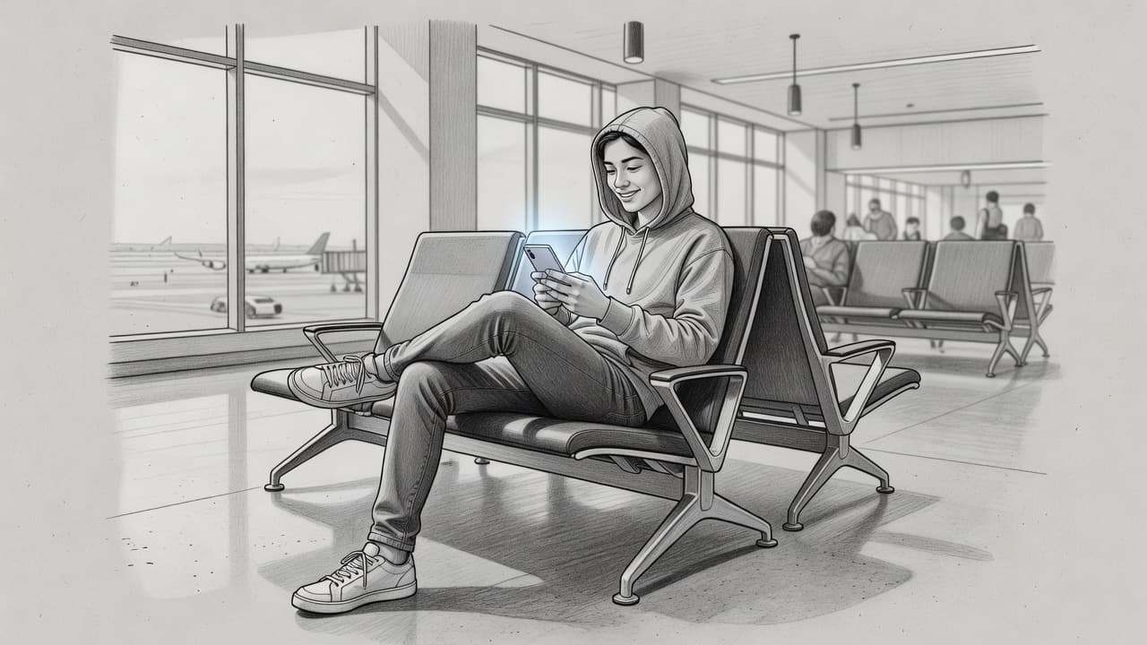 A detailed graphite sketch depicts a relaxed traveler lounging in an airport chair. The person holds a smartphone, capturing a moment of ease while waiting for a departing international flight.