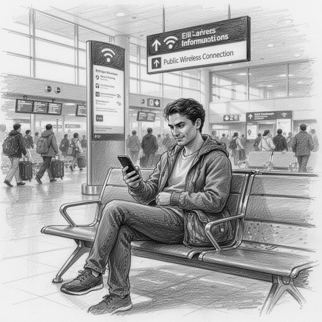 A graphite sketch showing a traveler sitting on a terminal bench looking at their phone. An out-of-focus sign for airport Wi-Fi looms behind them, highlighting the character's focus on personal data.