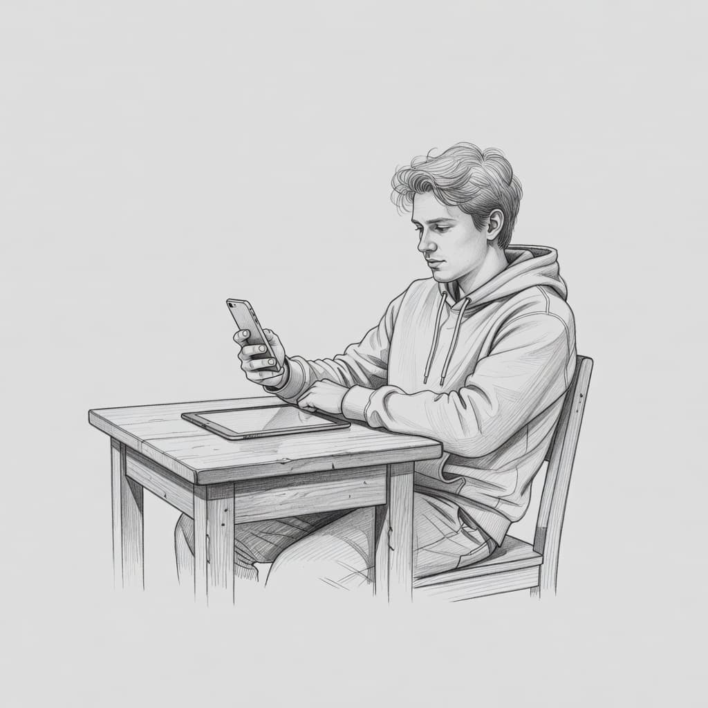 A graphite pencil sketch shows an individual seated at a cafe table while connecting an iPad to a smartphone. The artist captures the fine texture of digital devices against a background.
