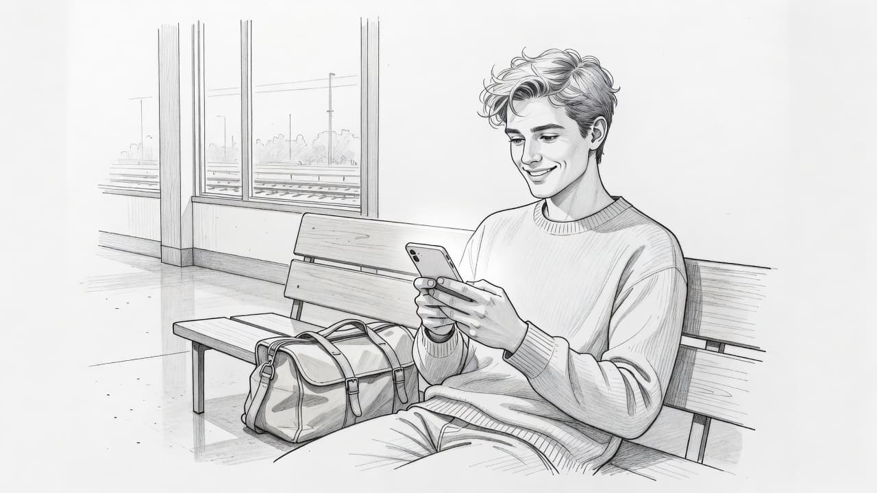A graphite drawing shows a relaxed traveler seated in a terminal while looking at a smartphone. Beside the figure, a small luggage bag rests near a window with soft light shading.