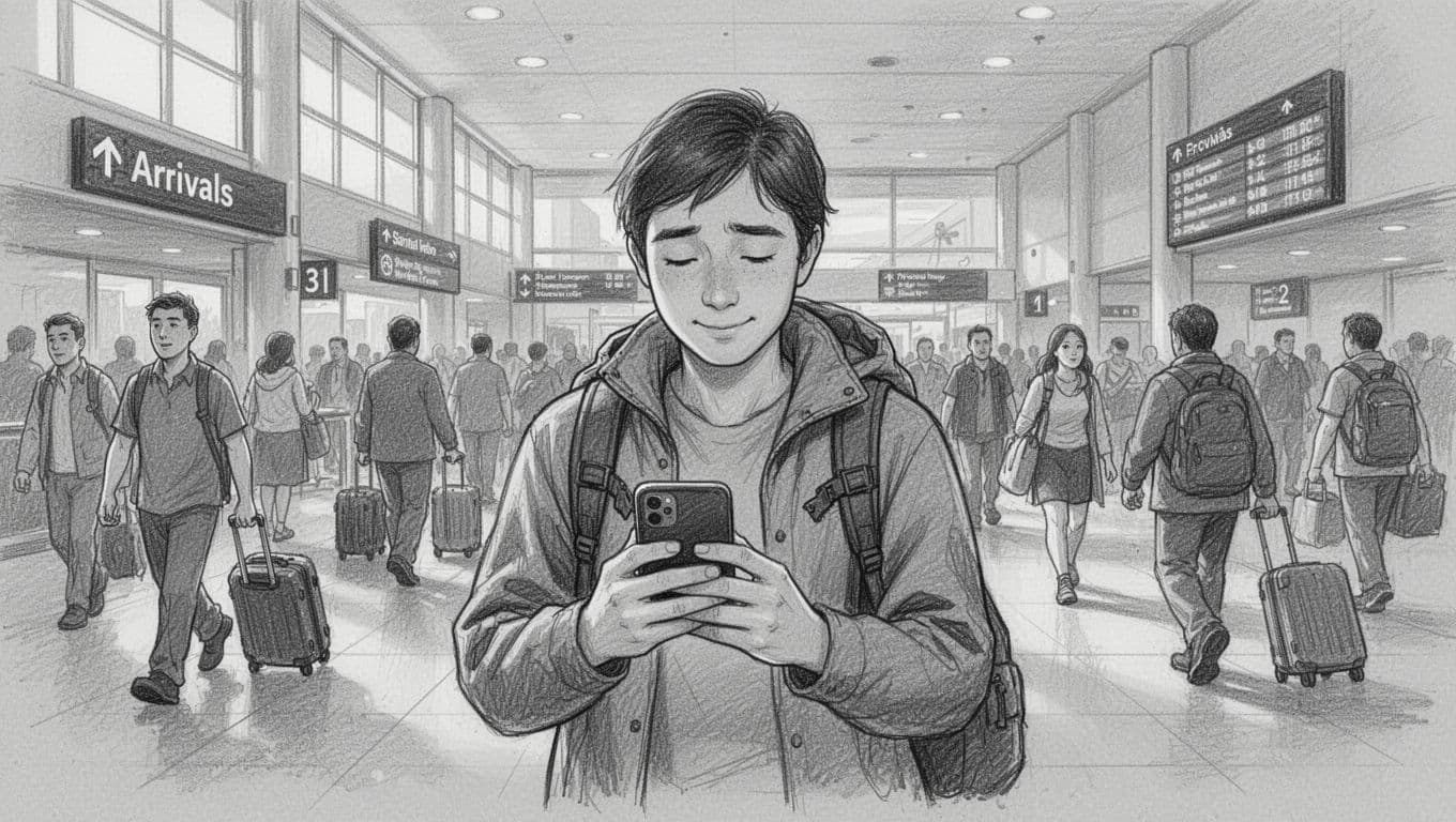 A graphite sketch depicts a traveler standing in a crowded arrivals hall while glancing at their mobile device. Subtle shading highlights their hopeful expression as they wait amidst moving silhouettes.