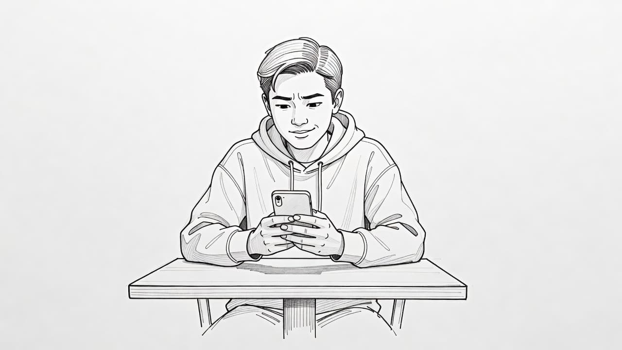 A graphite sketch of a person sitting at a cafe table holding an iPhone. They display a hopeful yet confused expression while focusing intently on adjusting their device network settings.