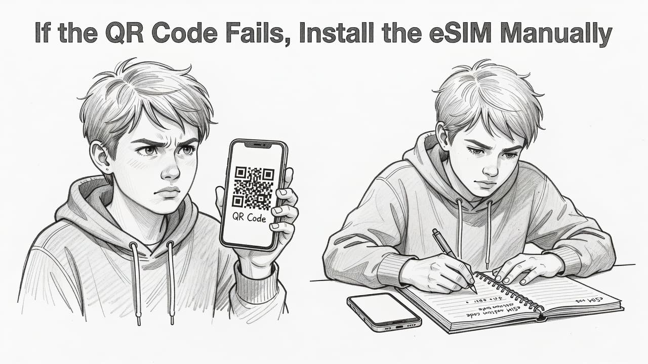A graphite sketch depicts a person staring at a smartphone with a confused expression. They eventually place the phone aside to carefully write digital configuration details into a physical paper notebook.