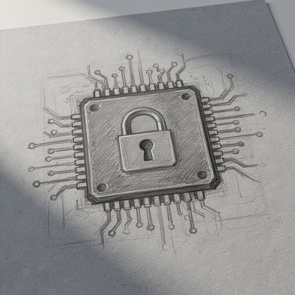 A detailed graphite drawing on textured gray paper displays an intricate microchip design. A prominent padlock icon is etched onto the center, symbolizing hardware protection through clean, minimalist pencil linework.