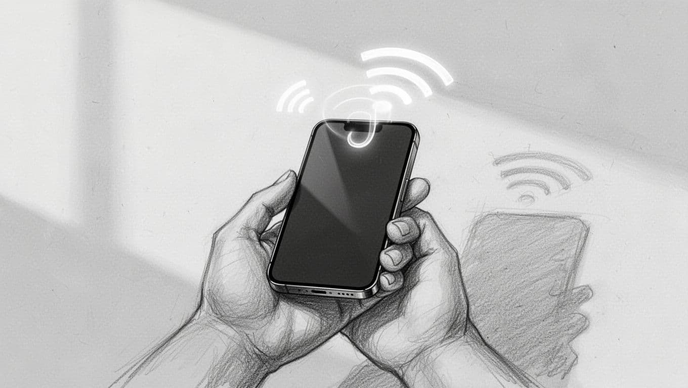 A detailed graphite sketch displays a hand gripping a sleek mobile device. A floating digital signal symbol hovers above the screen, illustrating the seamless integration of multiple network connections for travelers.