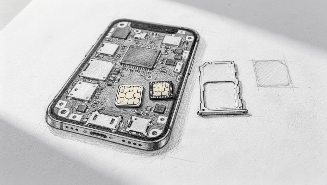 A detailed graphite drawing illustrates a smartphone logic board interior with a small eSIM chip visible. Beside it, a large physical SIM card tray rests on white paper for scale comparison.