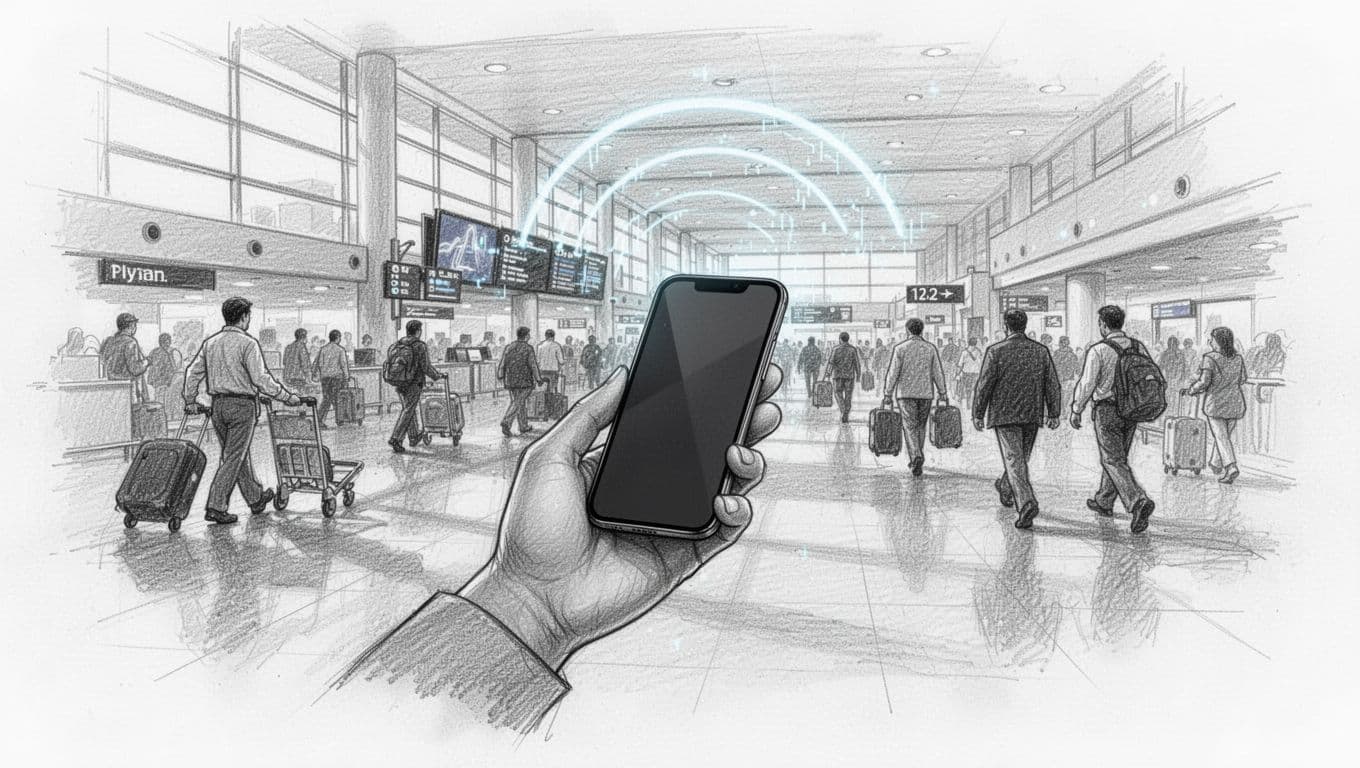 A detailed graphite drawing depicts a person holding a smartphone within a bustling airport. Radiant digital signal waves emerge from the device, rendered with soft shading against a clean white background.