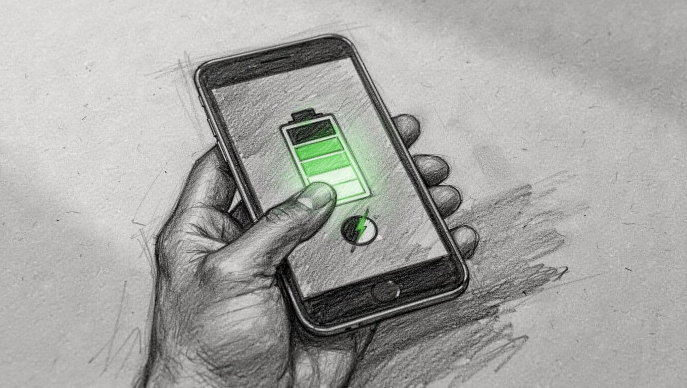 A close-up graphite sketch on textured gray paper displays a hand holding a smartphone. The thumb hovers near the screen, which shows basic graphical indicators for tracking mobile power usage.