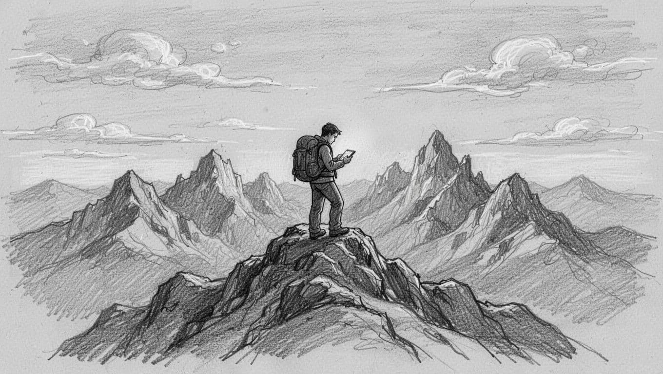 A detailed graphite pencil sketch depicts a hiker standing atop a mountain summit while checking a smartphone. The horizon displays jagged, simplified peaks under a sky featuring several wispy clouds.