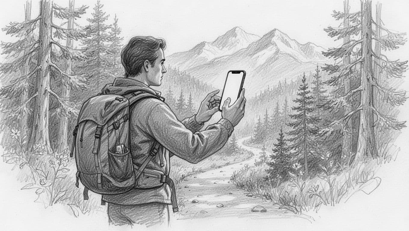 A graphite drawing shows a hiker standing on a forest trail while checking a smartphone. Faint outlines of towering mountains and dense evergreen trees frame the traveler against a white background.
