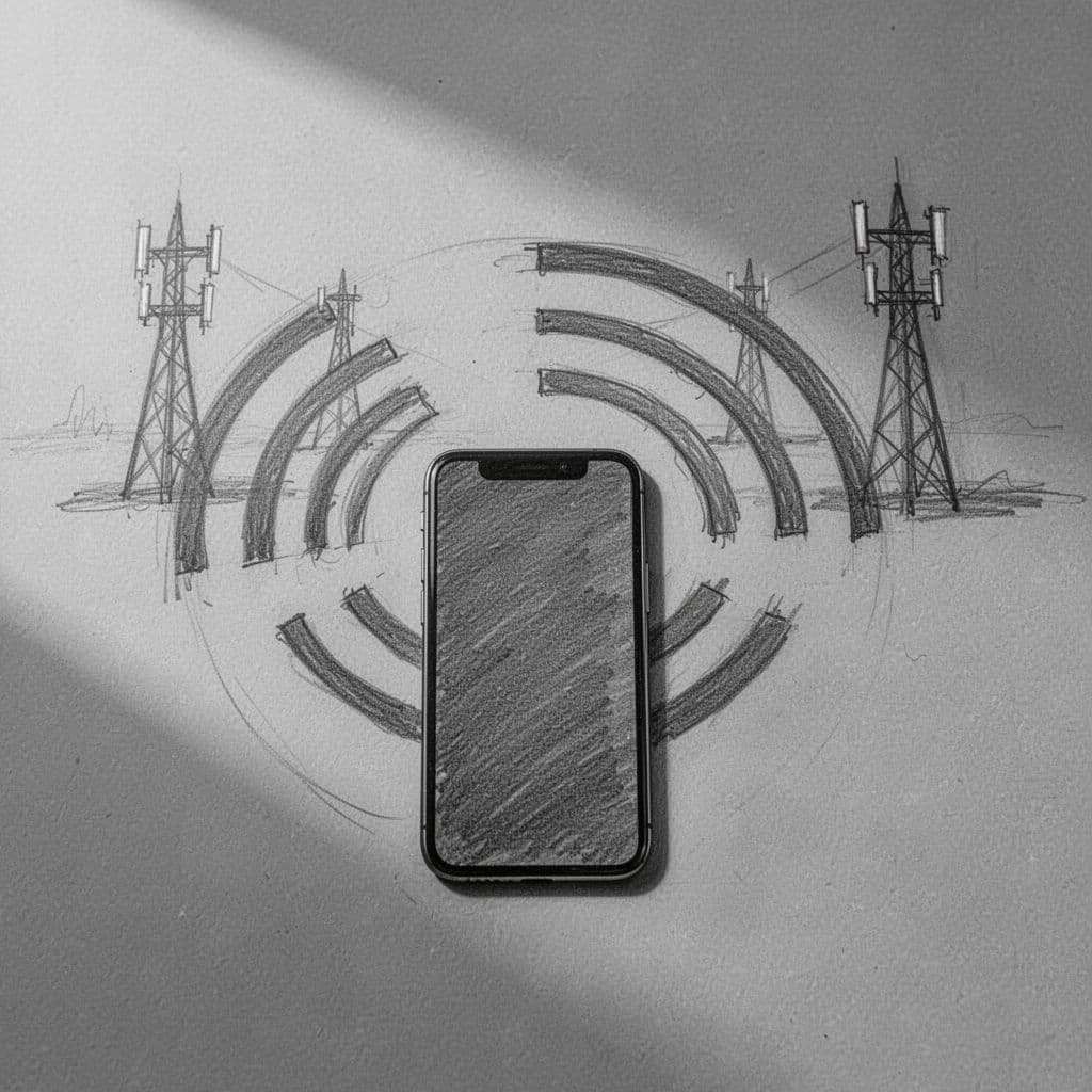 A detailed graphite pencil sketch on gray paper displays an isolated smartphone. Stylized circular radio waves emanate from the device toward distant, simplified cell towers depicted with clean, minimalist linework and shading.
