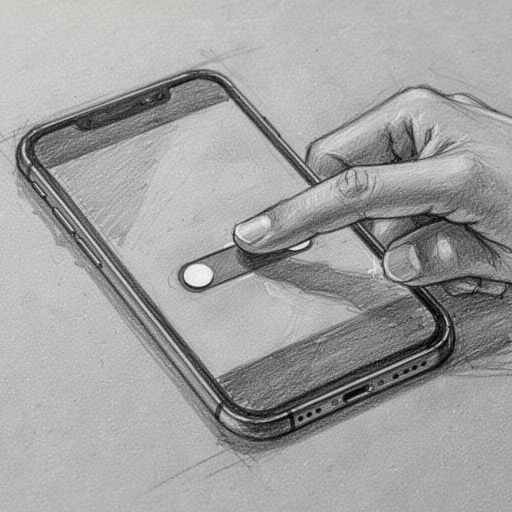 A detailed graphite sketch on textured gray paper captures a thumb pressing a virtual toggle switch on a smartphone display. The minimalist composition emphasizes precise line work and soft digital interface shading.