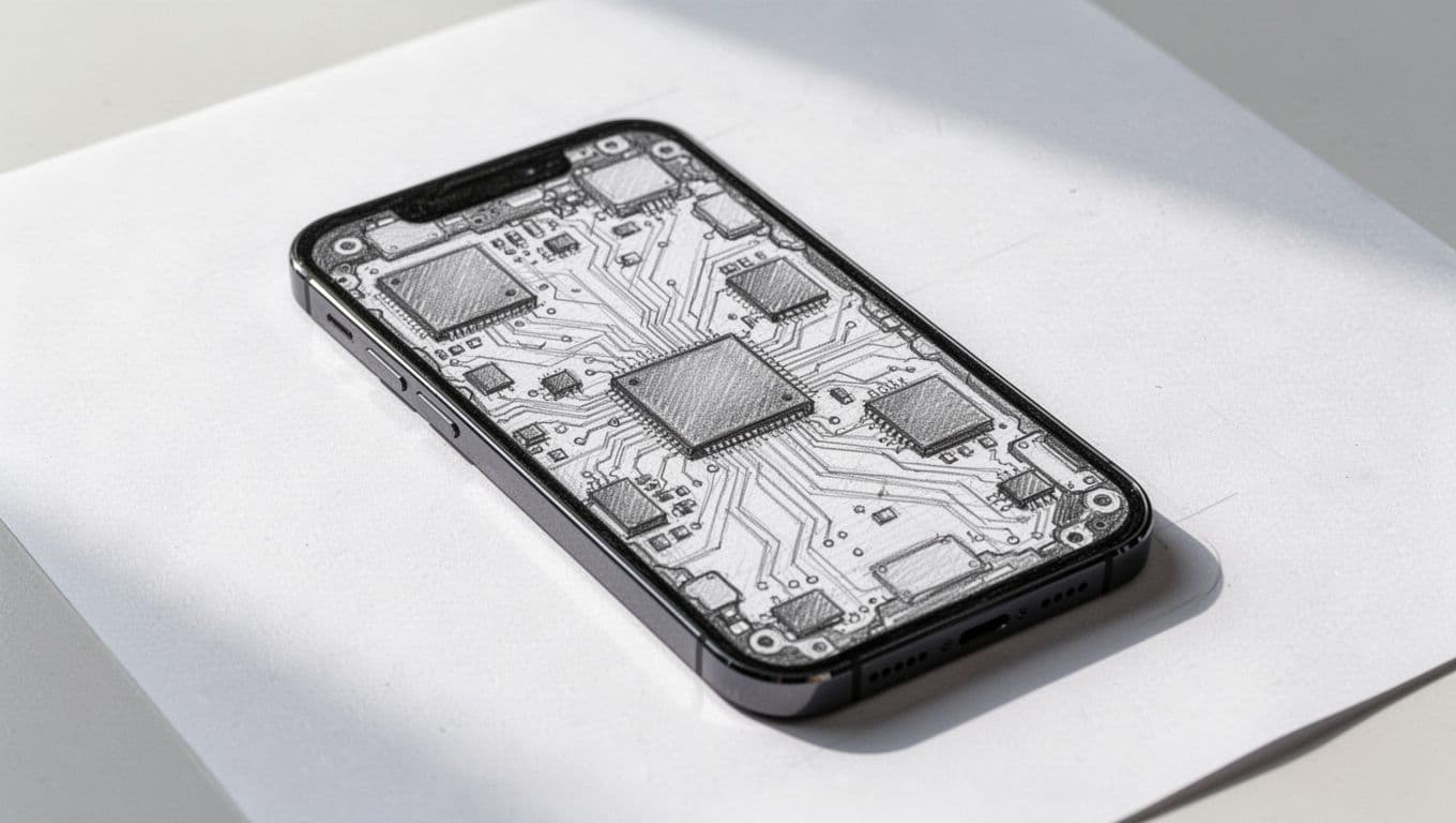 A intricate graphite drawing of an internal smartphone circuit board layout on white paper. The composition features delicate shading across miniature silicon chips, complex pathways, and precise technical geometric linework details.