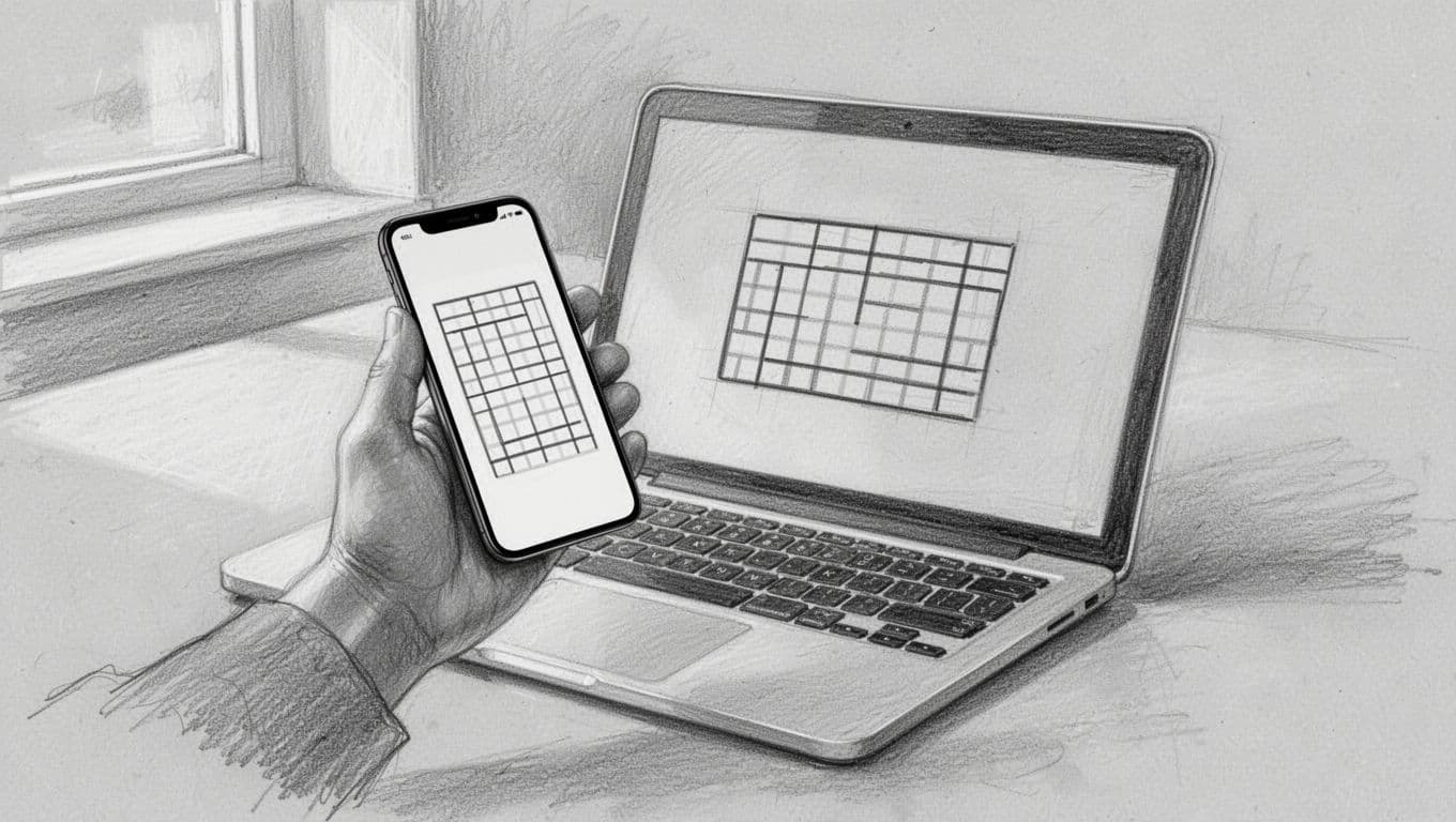A graphite sketch depicts a person holding a smartphone to capture a square QR code displayed on an open laptop. The detailed linework highlights the precise alignment required for digital activation.