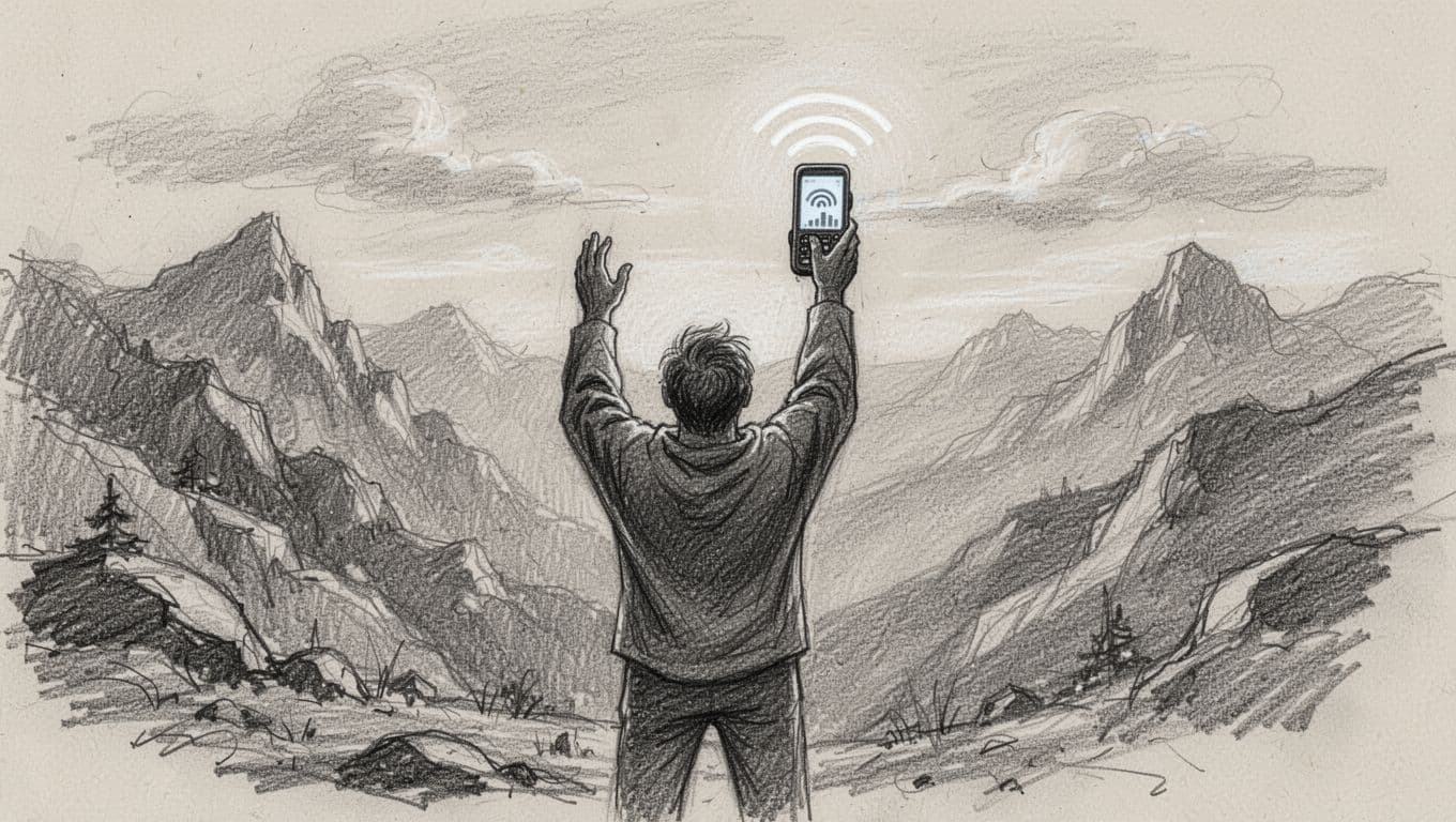 A graphite sketch depicts a lone figure standing atop a rugged mountain range. The person holds an iPhone high above their head, with signal bars clearly illustrated on the bright screen.