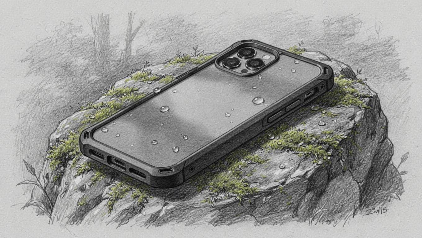 A detailed graphite sketch displays a sleek smartphone chassis resting upon a textured, moss-covered stone. Precise shading highlights the smooth device casing against the soft, light gray background of the paper.