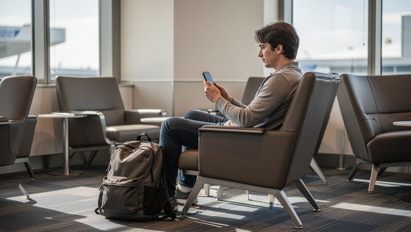 A detailed charcoal sketch depicts a traveler seated in a plush lounge chair, intently reviewing a smartphone. A small backpack rests on the floor nearby within the minimalist terminal setting.