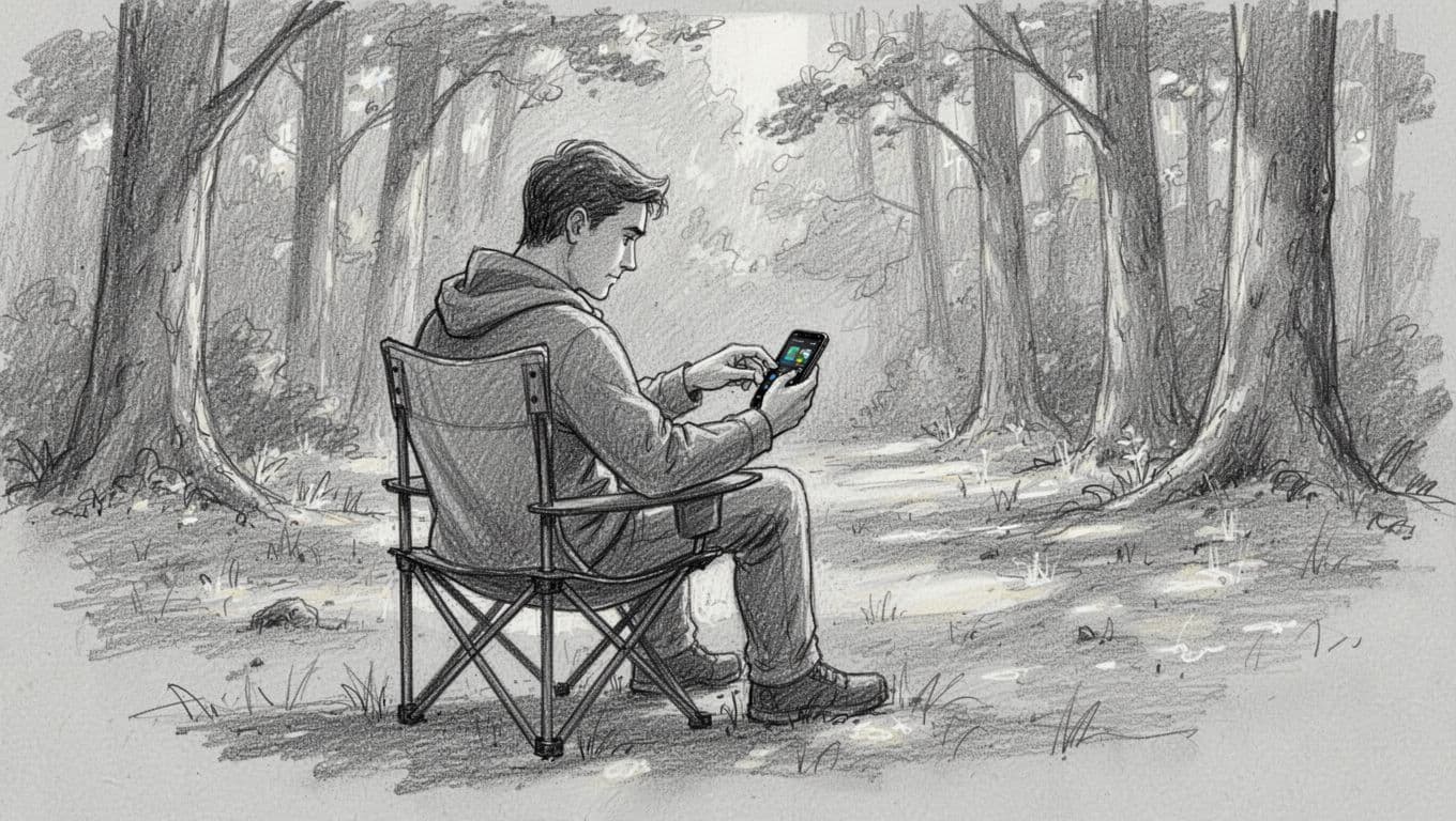 A detailed pencil drawing depicts a lone figure resting on a folding camp chair within a wooded clearing. The person holds an iPhone with both hands to adjust mobile phone settings.