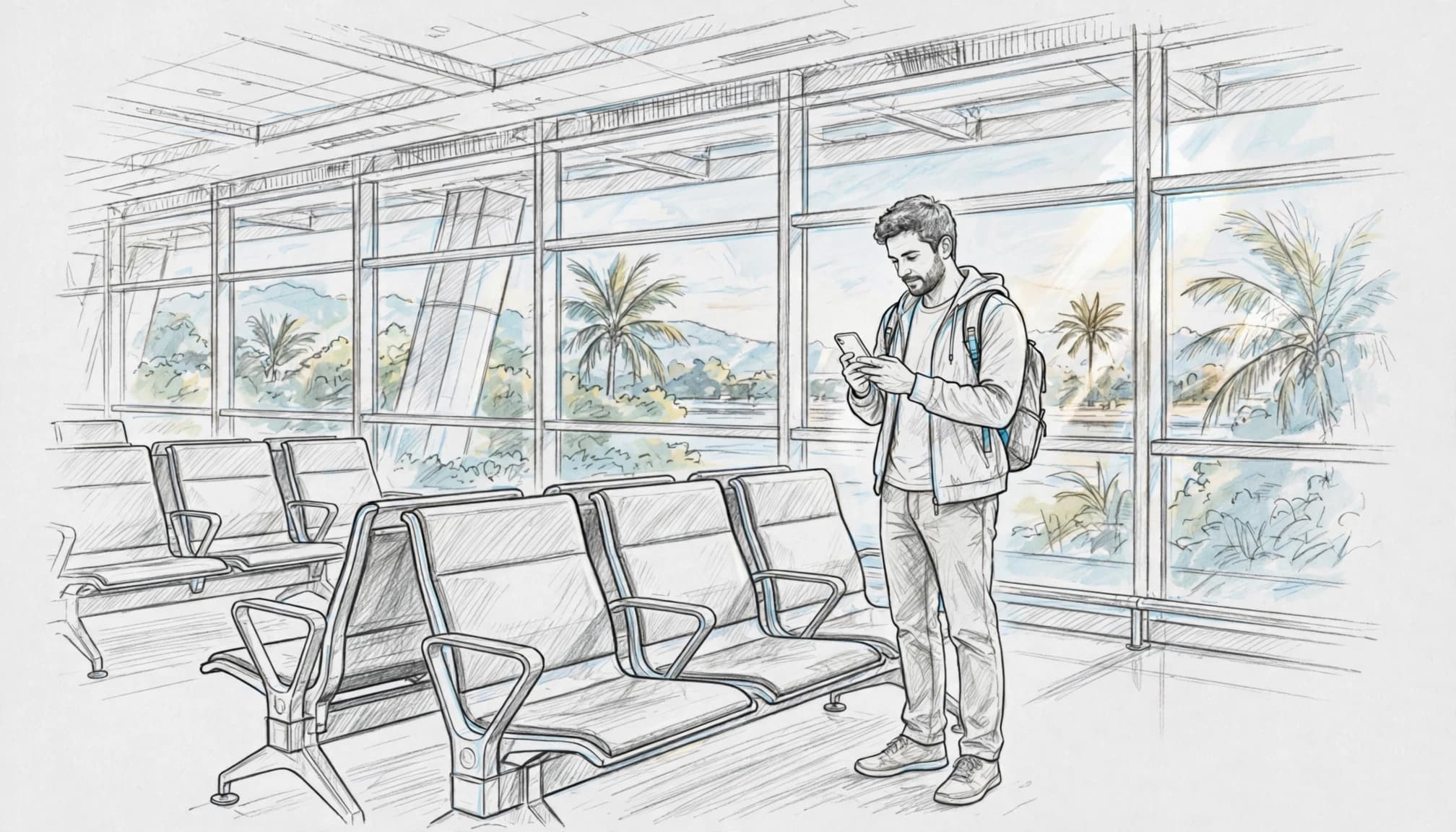 One traveler checks an iPhone beside airport seating and bright windows.