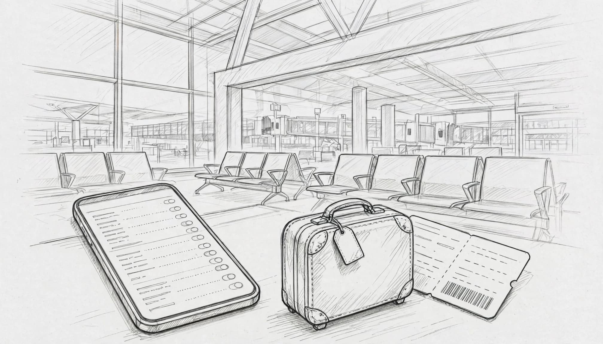 A smartphone, small suitcase, and boarding pass sit in an airport seating area.