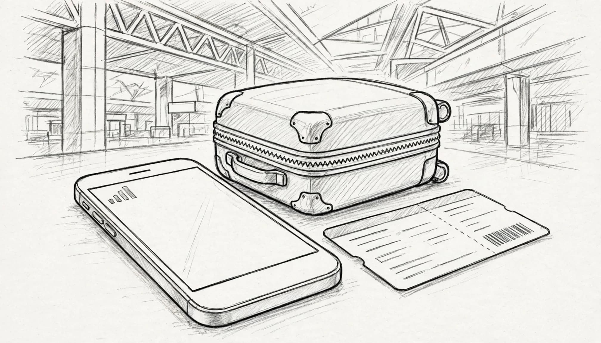 An iPhone, suitcase, and boarding pass in a bright airport arrival area.