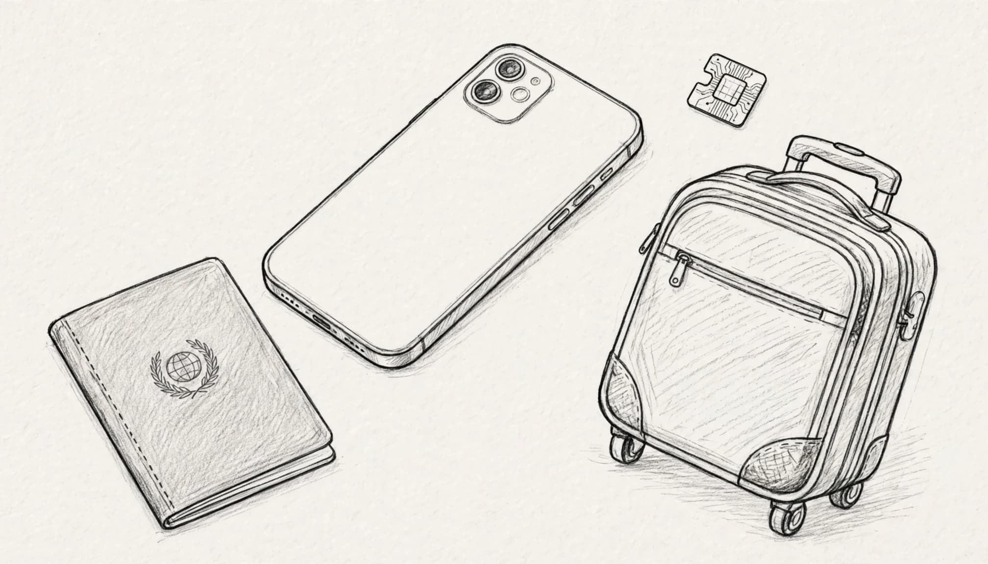 A phone, passport, carry-on bag, and eSIM symbol sit on a bright airport table.