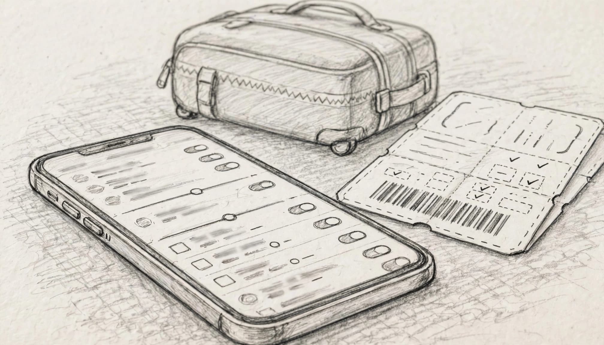 A phone and boarding pass sit on a table with a suitcase behind them.
