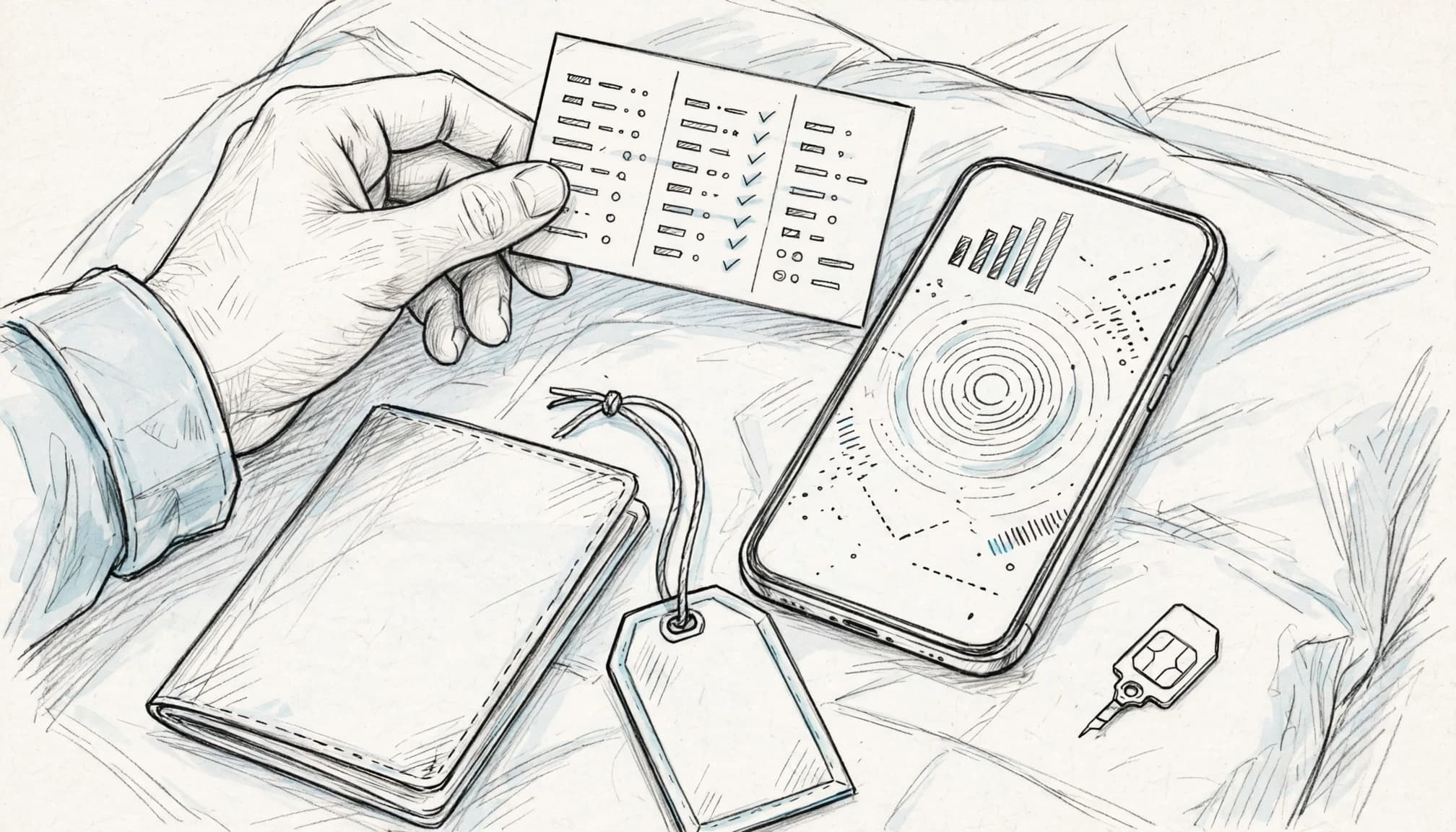 A hand compares a travel card beside a phone, passport, luggage tag, and SIM tool.