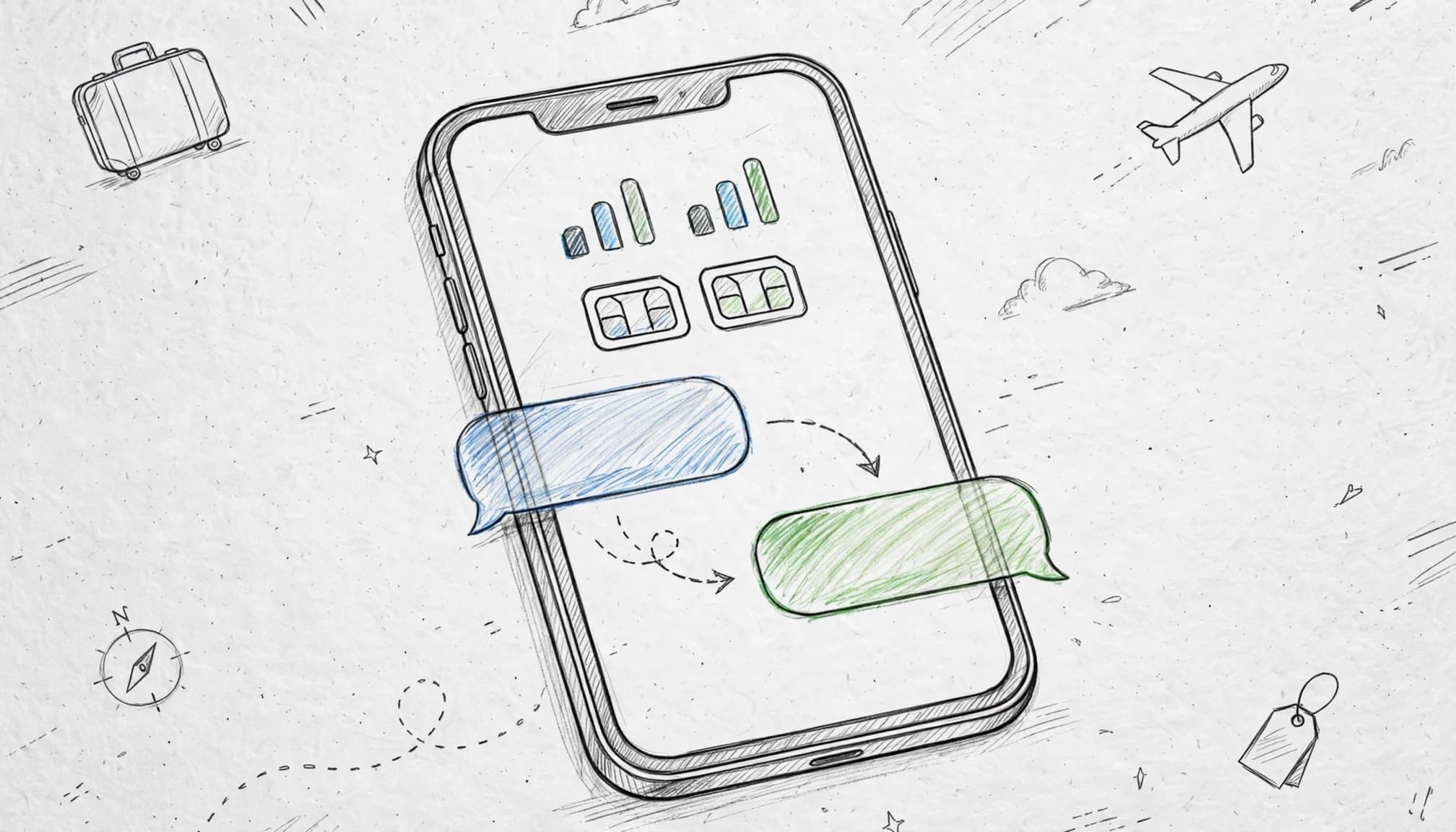 Angled smartphone showing dual-SIM signals and a blue-to-green message bubble.