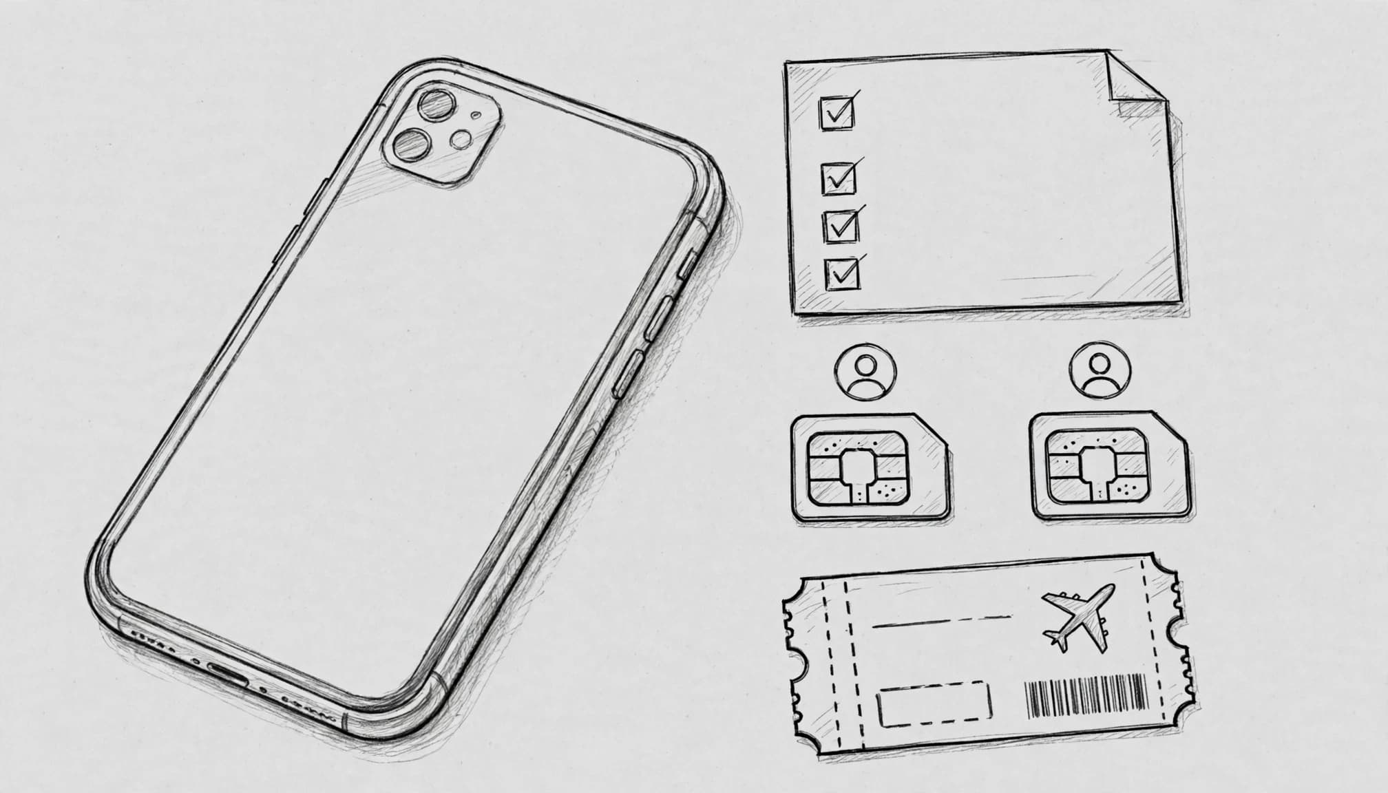 An angled smartphone beside a travel checklist, two SIM icons, and an airplane ticket.