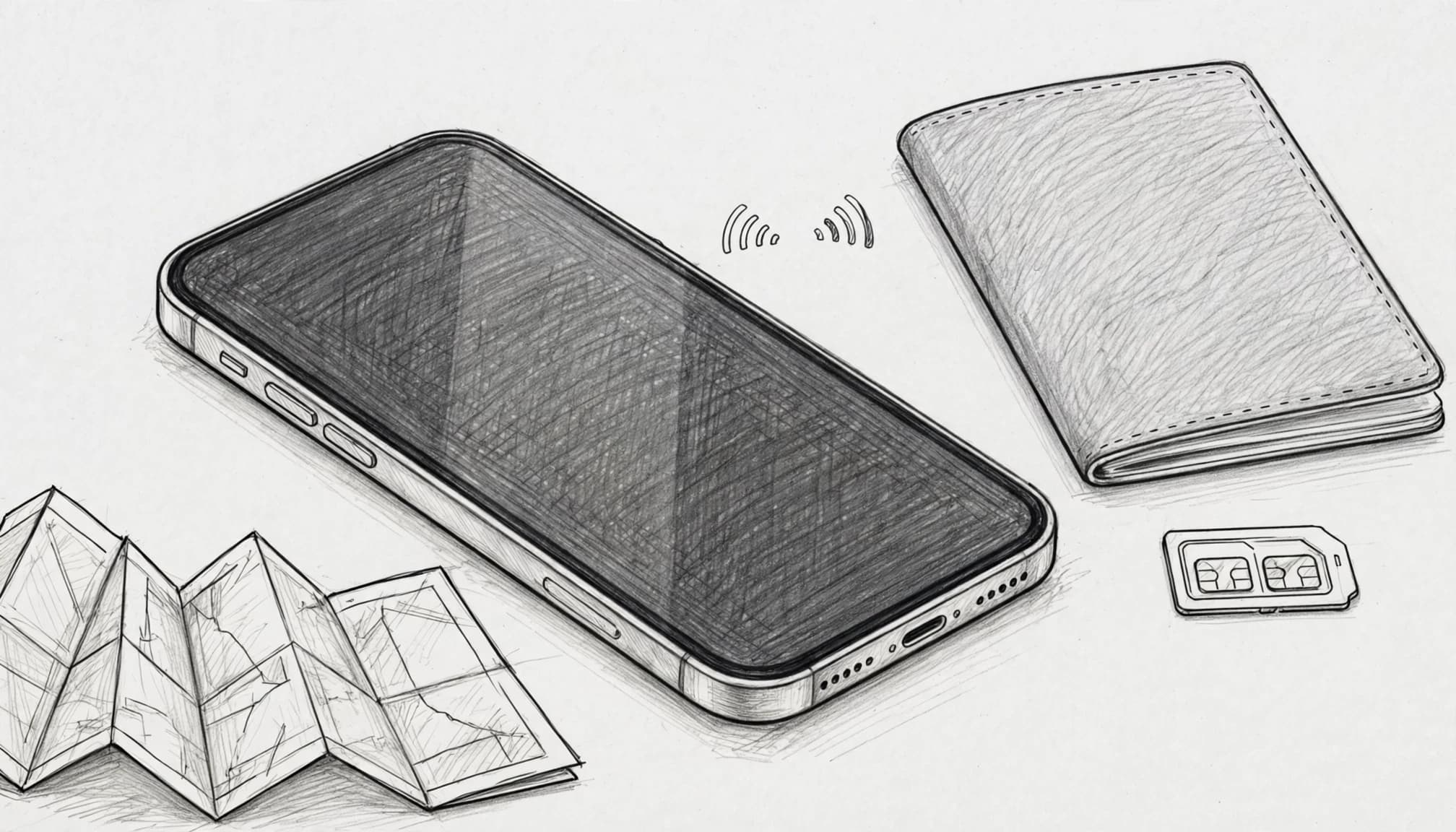 A sketched phone, passport, and SIM tray sit beside a folded map.