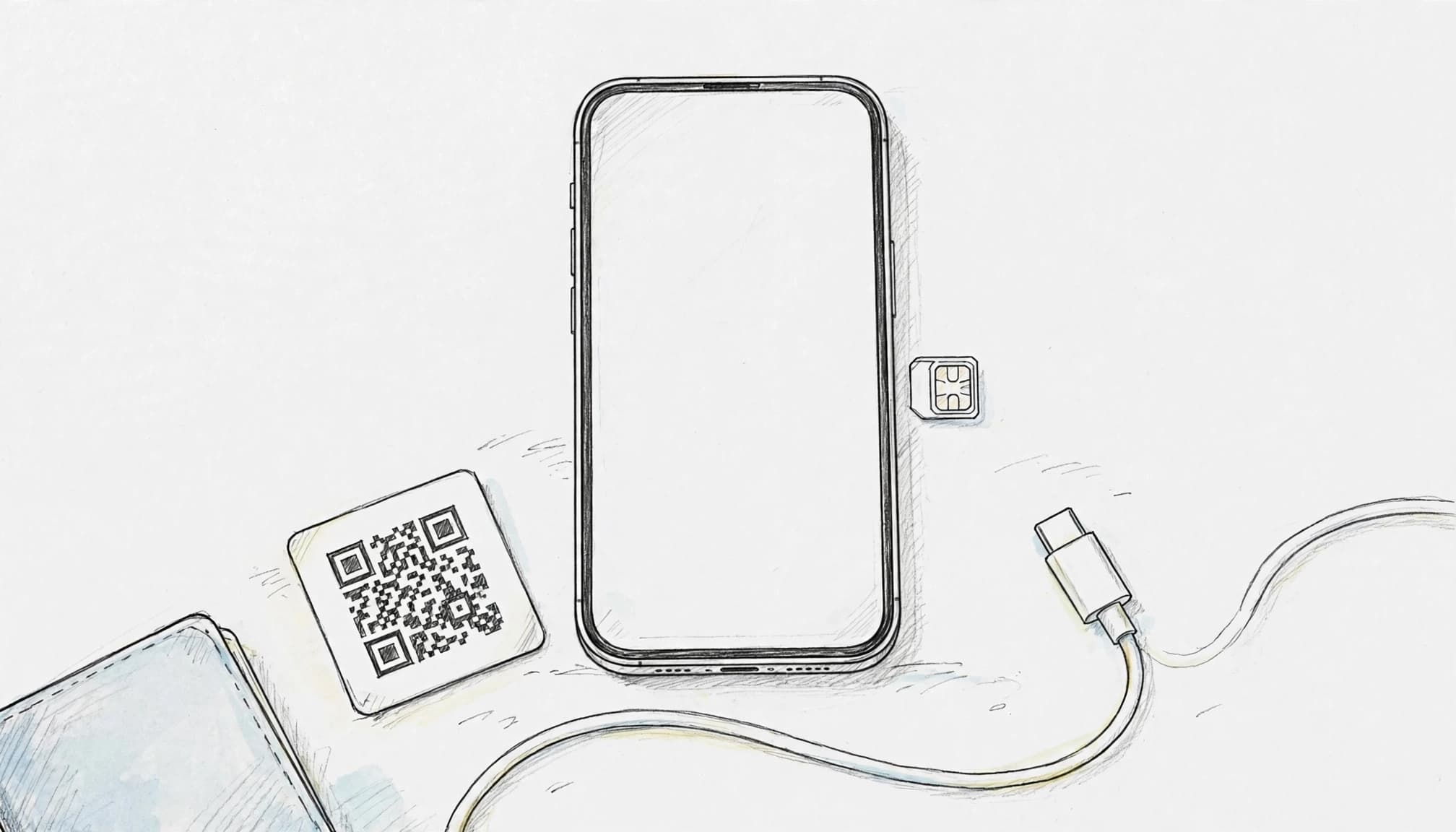 An iPhone beside a SIM tray, QR card, passport, and charging cable.