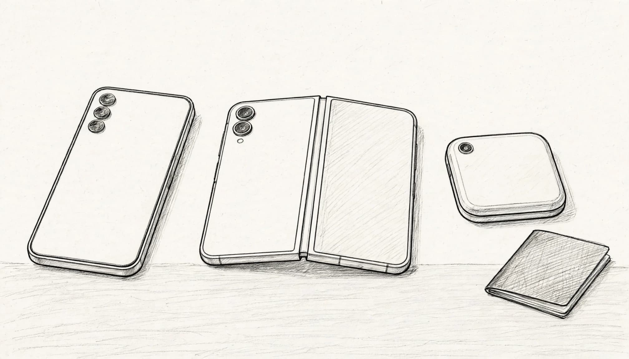 Three differently shaped phones sit beside a small passport on a pale tabletop.