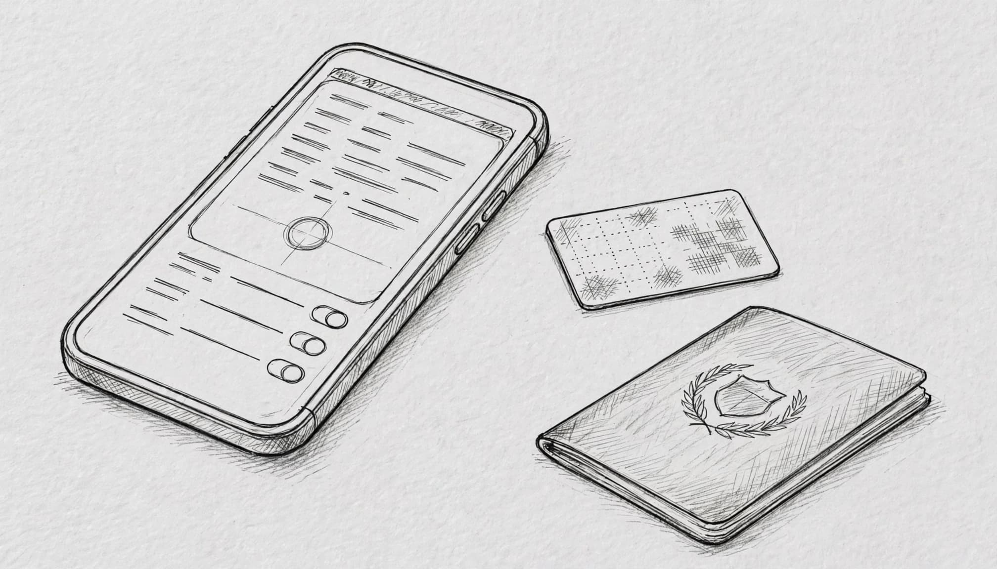 An angled phone beside a QR-code card and passport on a bright tabletop.