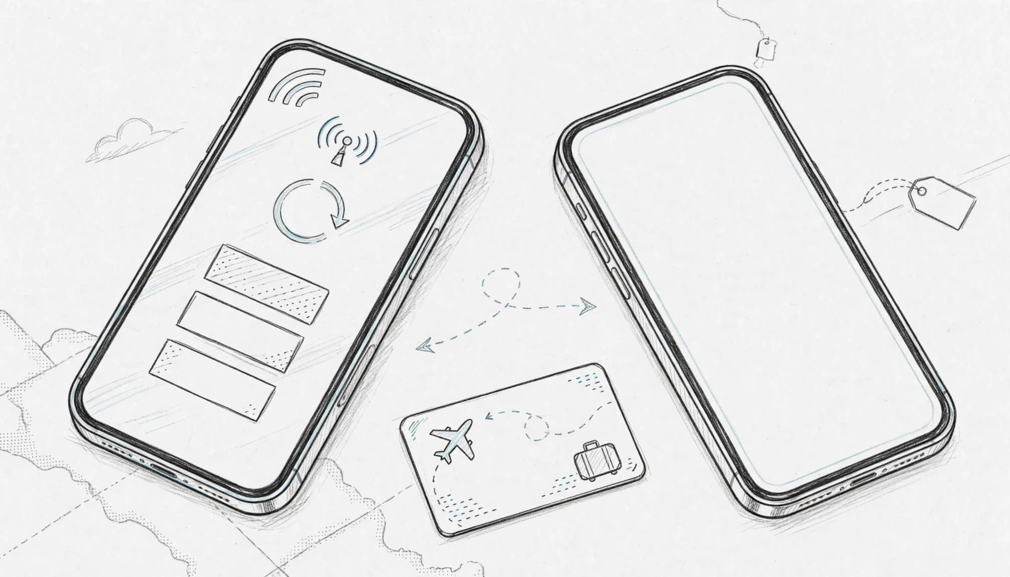 Two angled phones and a travel card on a clean tabletop, with one abstract setup screen.