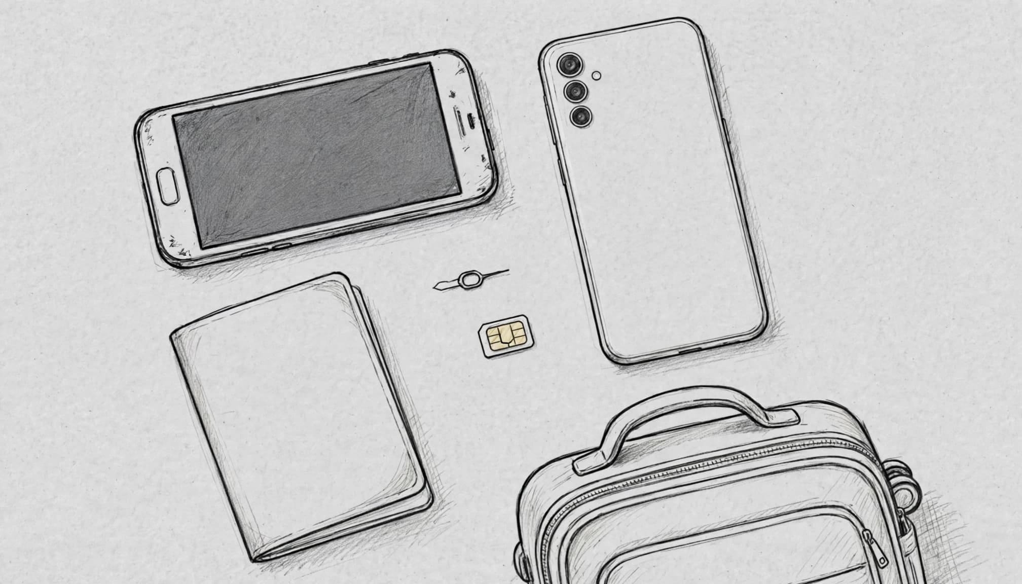 Two phones sit beside a passport and carry-on bag on a tabletop.