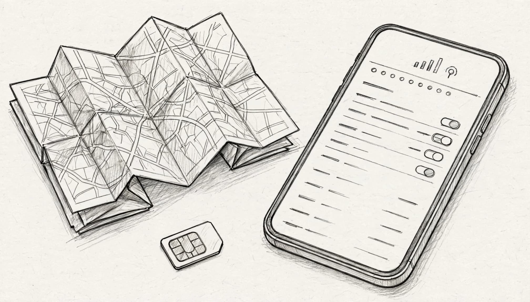 A sketched smartphone beside a travel SIM card and folded map.