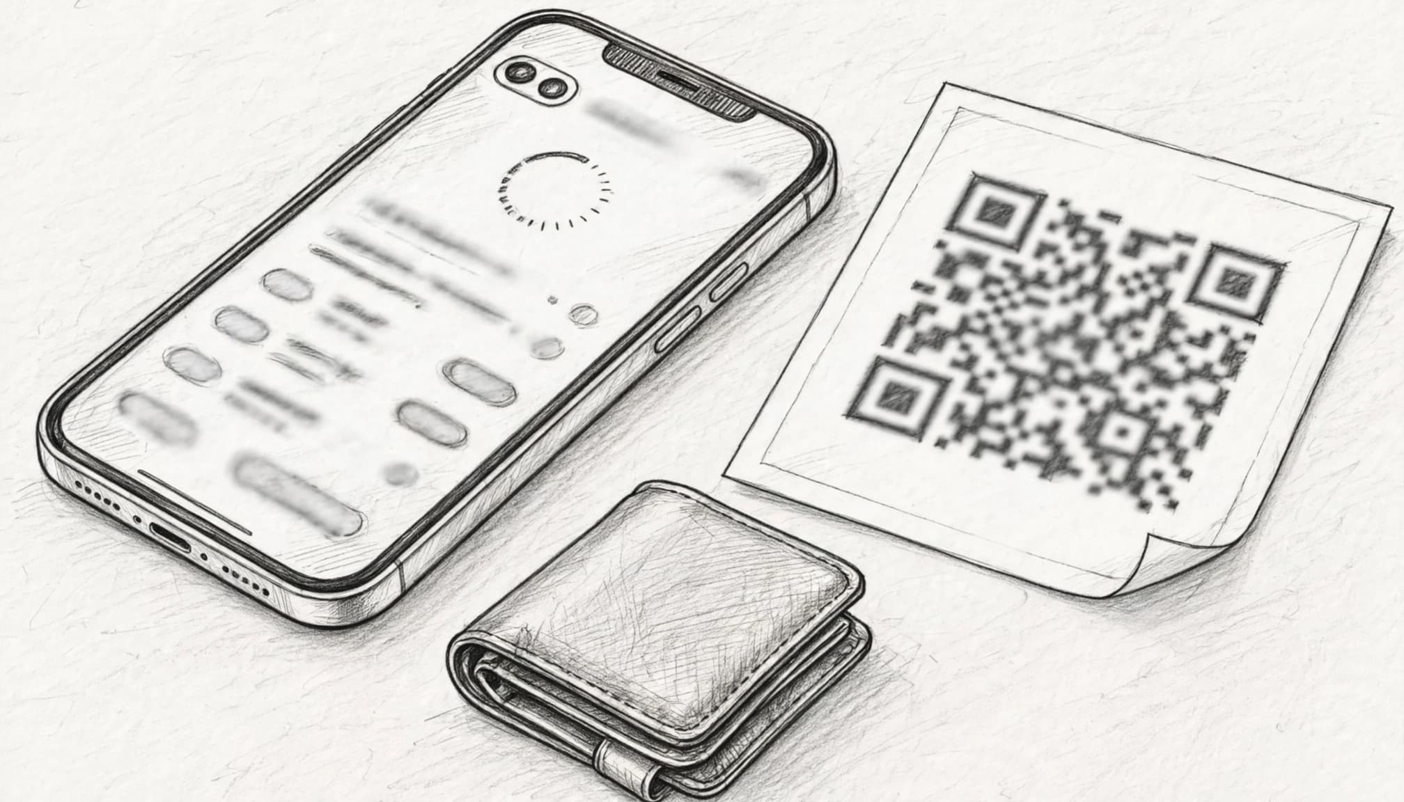 A phone, blurred QR-code sheet, and small travel wallet arranged on a bright table.