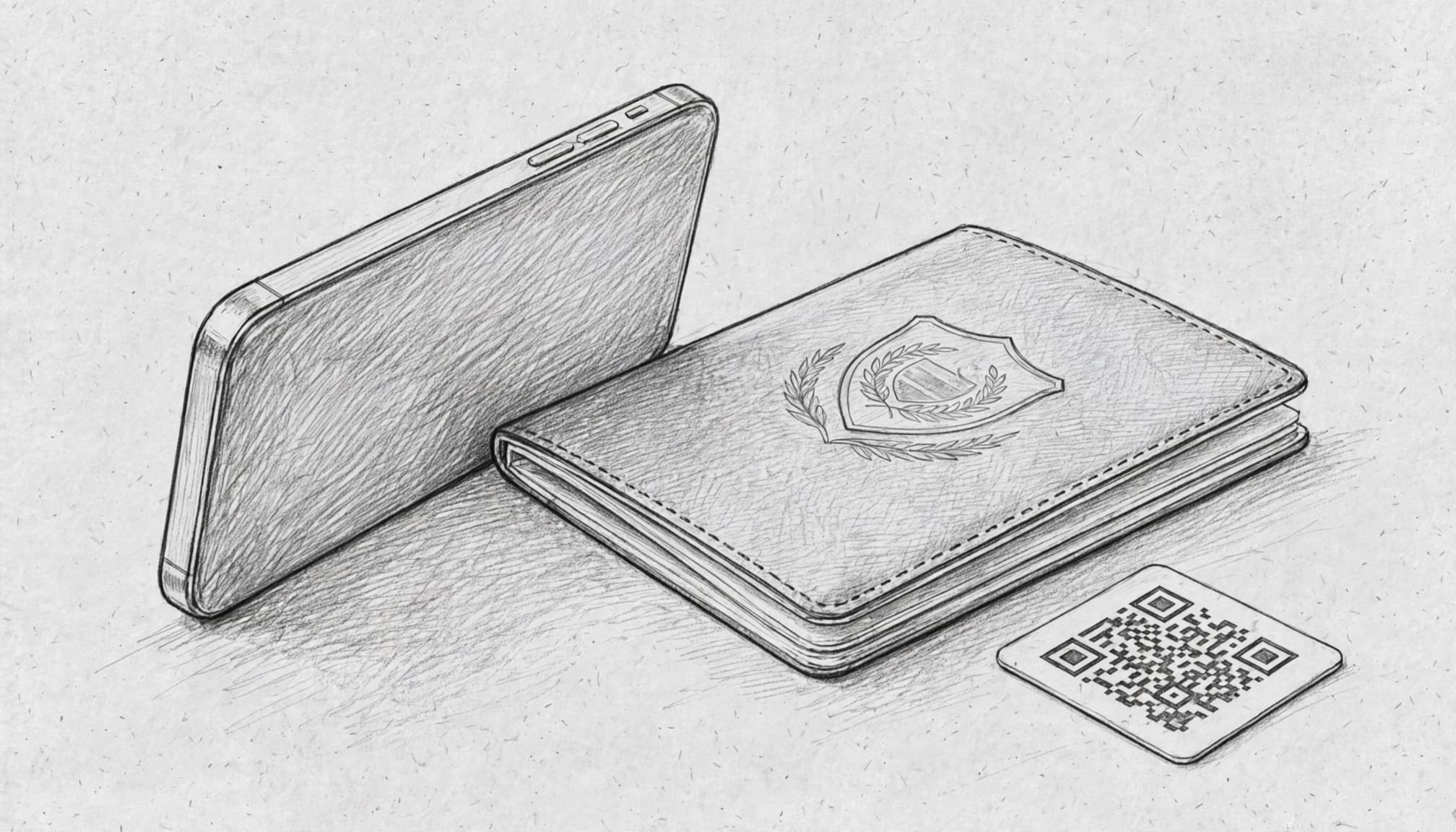 A blank smartphone beside a passport and QR-code card in a graphite sketch.