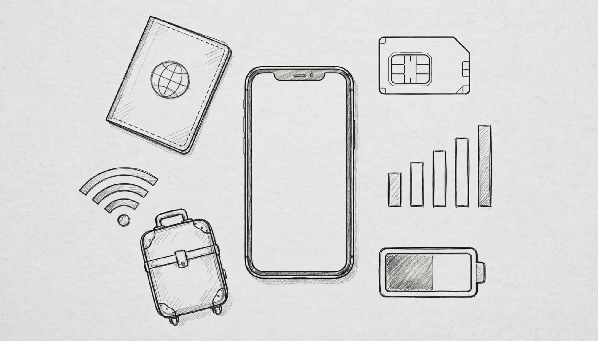 An iPhone surrounded by travel items and connection symbols on gray paper.