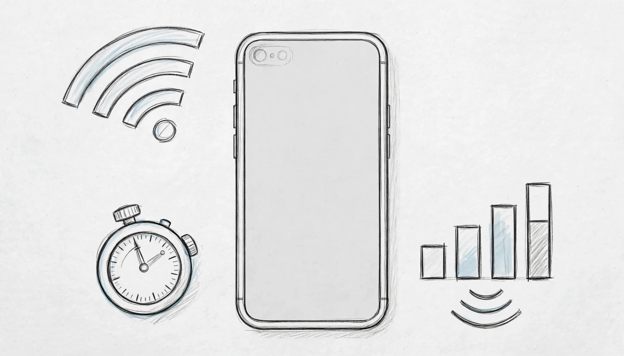 An iPhone centered with a travel timer, Wi-Fi symbol, and data meter.