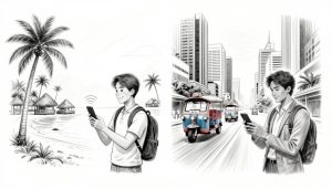 Sketch comparing phone coverage for travelers on a Thai island and in Bangkok.