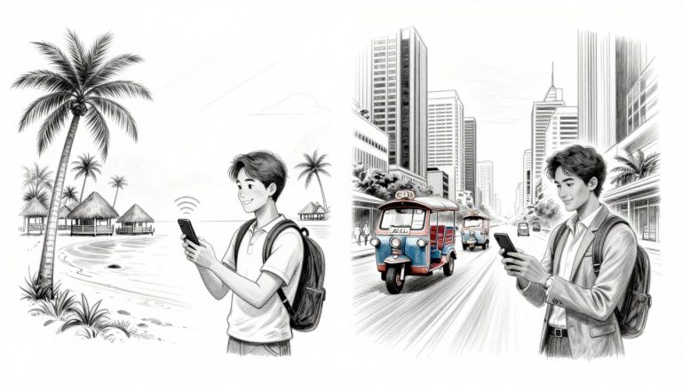 Sketch comparing phone coverage for travelers on a Thai island and in Bangkok.