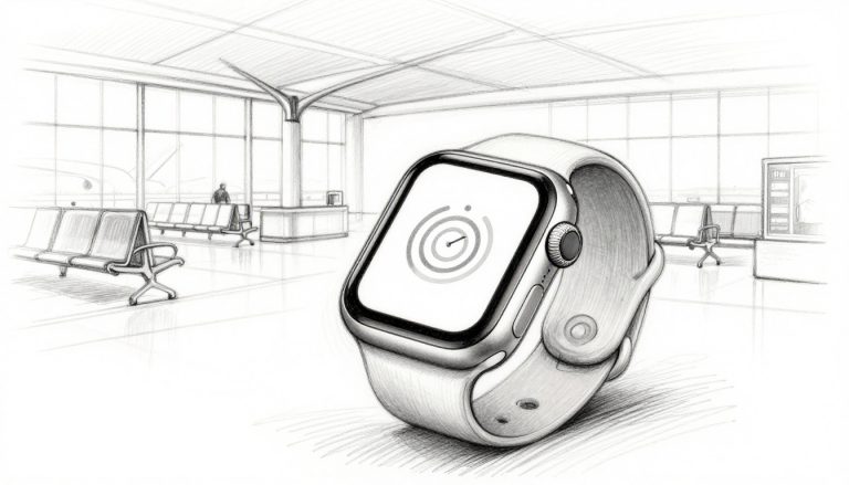 Graphite sketch of a cellular Apple Watch on a raised wrist near airport windows.