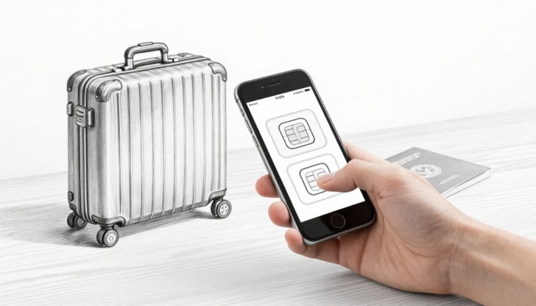 Hand holding an iPhone with two SIM profiles beside a passport and suitcase.