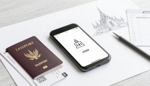 Graphite sketch of an iPhone, passport, boarding pass, QR card, and checklist on a desk.