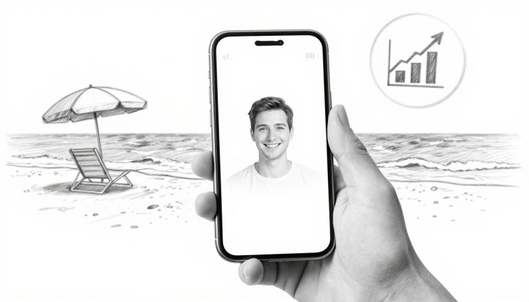 Graphite sketch of an iPhone video call with cellular bars and a beach scene.